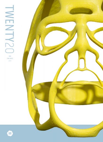 Event artwork with a yellow 3D printed mask with only the outlines and the TWENTY20 text on the left side