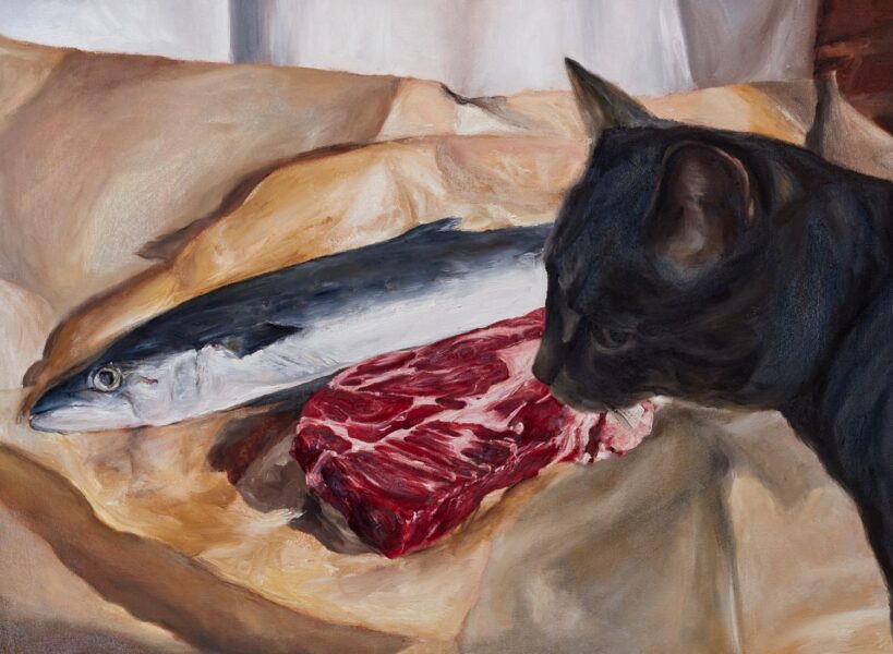 Painting of the head of a black cat (foreground), with a fish and a piece of meat (background)