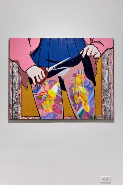 Coloful painting of a person cutting her skirt with scissors. The legs are painted with psychedelic saturated shapes.