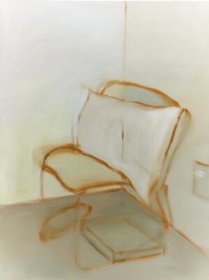 Muted painting of a chair with a pillow on top and a narrow box below made with simple brown lines.
