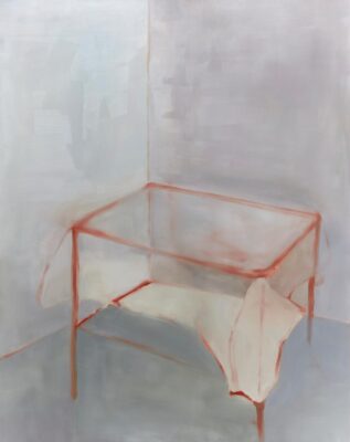 Painting of a table and table cloth made with simple red lines and muted background.