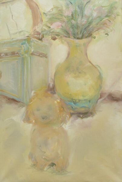 Muted painting in pastel yellow, ochre and green tones with a small dog, a large flower vesel and a piece of furniture.