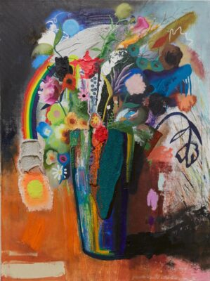 Colorful painting of a flower bouquet with vessel painted in a simplified expressive matter