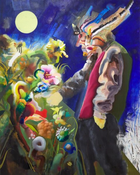 Colorful oniric nocturnal painting of a men with a collage-made face, multiple flowers and the moon.