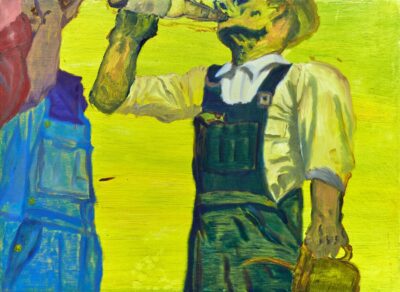 Colorful painting of two farmers drinking from a bottle made in a expresionist matter