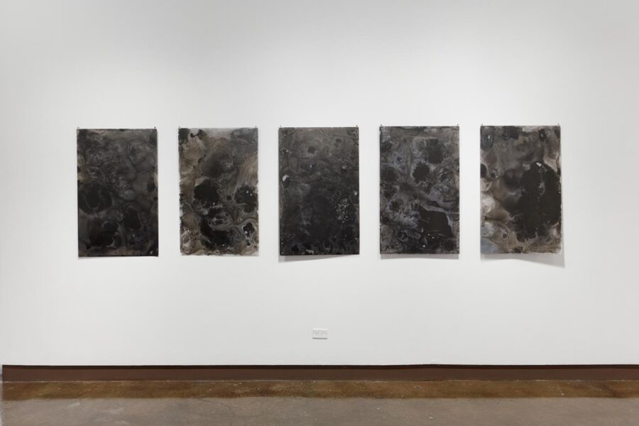 Five black in on mylar paintings hanging in an installation on a wall.