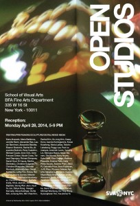 An advertisement for OPEN STUDIOS at School of Visual Arts, BFA Fine Arts Department, 335 West 16 St, New York - 10011. Reception: Monday, April 28, 2014, 5-9PM. The poster shows a sculpture made of glass in a dark room with image projection on the wall and reflections on the sculpture and the surface it is placed