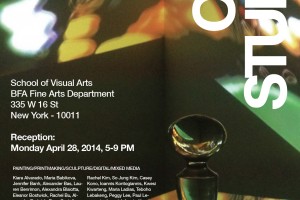 An advertisement for OPEN STUDIOS at School of Visual Arts, BFA Fine Arts Department, 335 West 16 St, New York - 10011. Reception: Monday, April 28, 2014, 5-9PM. The poster shows a sculpture made of glass in a dark room with image projection on the wall and reflections on the sculpture and the surface it is placed