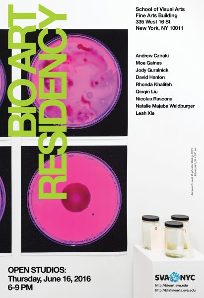 Poster for Bio Art Residency with an illustration of pink bacteria paintings