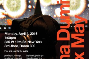 Event poster for Anna Dumitriu and Alex May, held on Monday,  April 4, 2016, 7:00pm at 335W 16th St, NY, 3rd floor, room 302. The poster represents a person with a VR headset in a dim-lit room