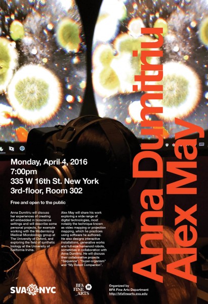 Event poster for Anna Dumitriu and Alex May, held on Monday,  April 4, 2016, 7:00pm at 335W 16th St, NY, 3rd floor, room 302. The poster represents a person with a VR headset in a dim-lit room