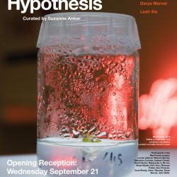 A poster for The Biophilia Hypothesis with a jar with some liquid in it placed on a light table and a red neon behind on the wall