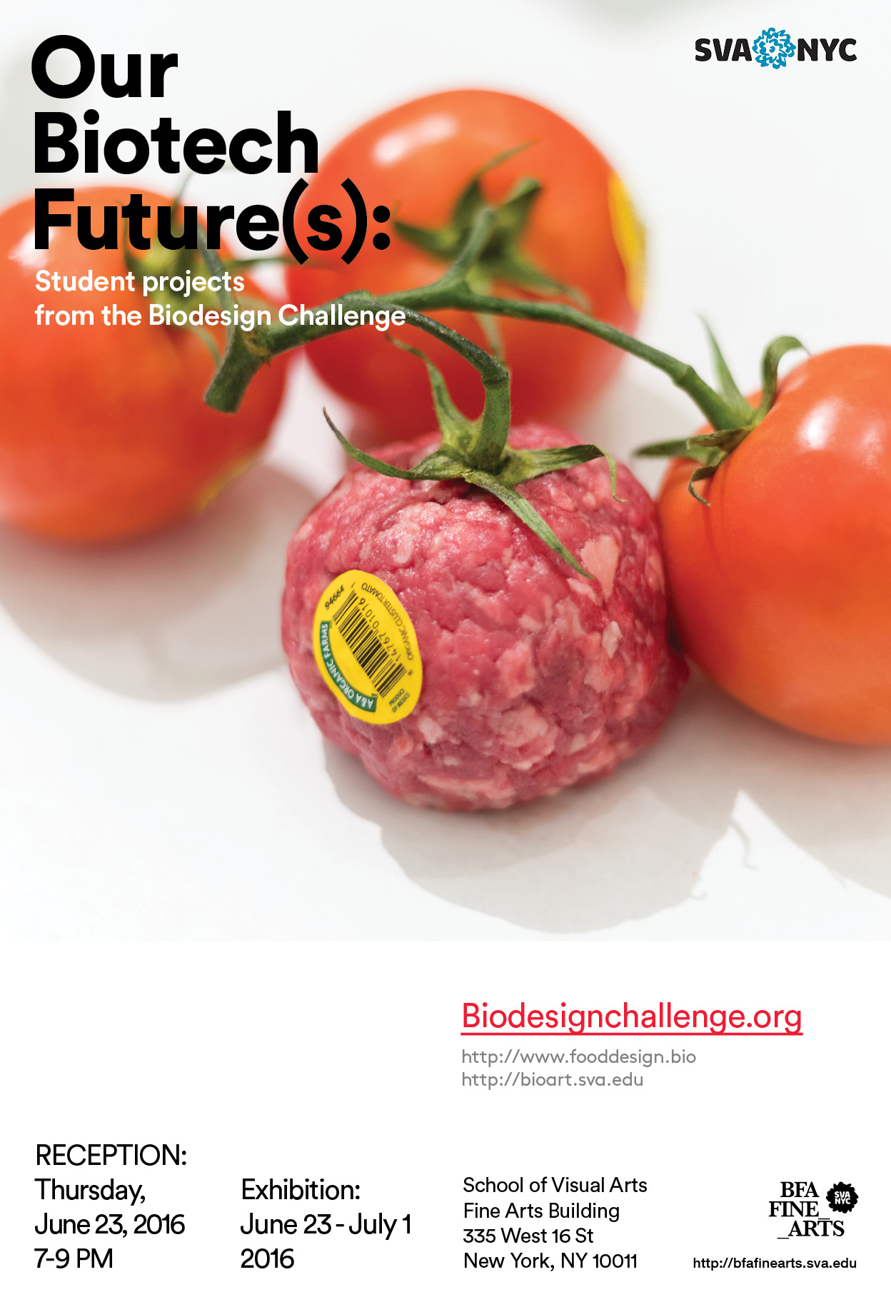 Poster for Biotech Future(s) with an illustration of tomatoes and one of them is made of meat with a yellow sticker on it