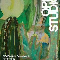 A poster for Open Studios was held at School of Visual Arts, Fine Arts Building, 335 W 16th St, New York 10011, on April 23-24, 12-5PM. The poster represents a painting of green plants and cactuses