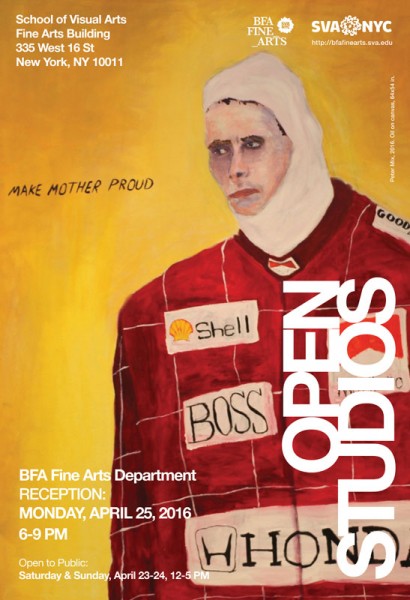 A poster for Open Studios was held at School of Visual Arts, Fine Arts Building, 335 W 16th St, New York 10011, on April 23-24, 12-5PM. The poster represents a painting of a race driver with a red driving suit on him without the helmet.