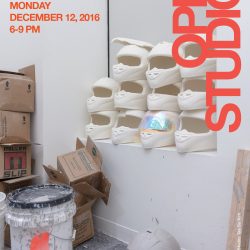 Open Studios poster with an illustration containing ceramic sculptures of motocross helmets stacked near a window and cardboard boxes