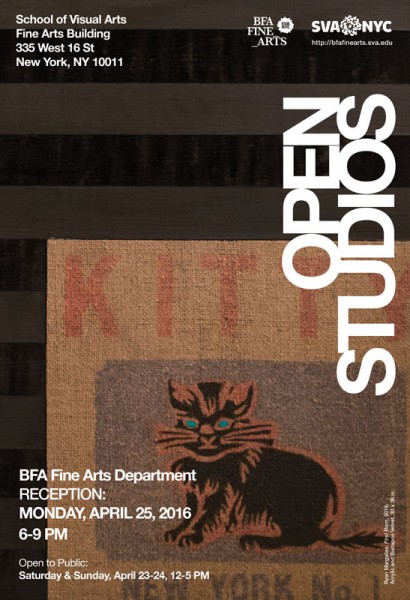 A poster for Open Studios was held at School of Visual Arts, Fine Arts Building, 335 W 16th St, New York 10011, on April 23-24, 12-5PM. the poster represents an illustration of a black cart with blue eyes and the word KITTEN written above
