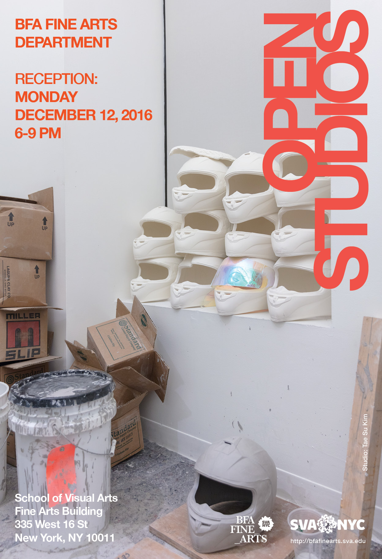 Open Studios poster with an illustration containing ceramic sculptures of motocross helmets stacked near a window and cardboard boxes