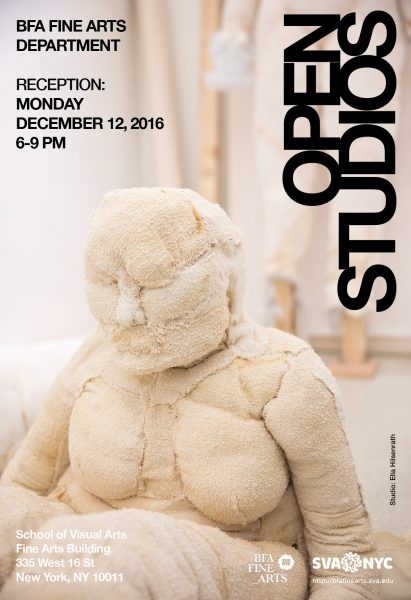 Poster for Open Studios with the illustration of a doll made of beige organic fabric