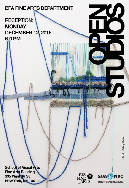Open Studios event poster held on School of Visual Arts, Fine Arts Building 335 West 16 St, New York, with the reception on Monday, December 12, 2016, from 6-9PM. The poster illustrates the installation of a sculpture made of green, blue, and brown fabric threads on the wall in different shapes and locations