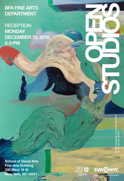 Open Studios poster held at BFA Fine Arts Departments 335W 16 ST, New York, with the reception held on December 12, 2016 from 6 to 9PM. The poster represents a painting made with abstract shapes, green, blue, red lines and curved shapes,