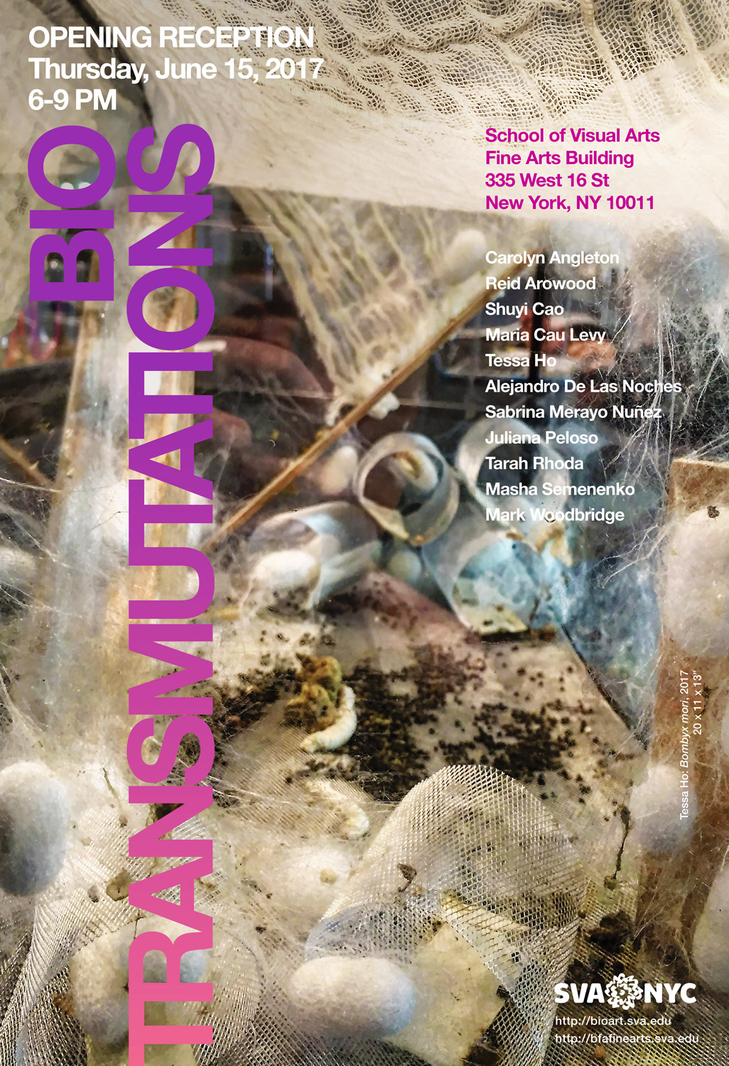Poster with "Bio Transmutations" on the left side in magenta/purple gradient letters, above that in white text shows the time of exhibition, and on the right in magenta text is the location information with the exhibition artists in white text below it, all on a background depicting various beige textures, larvae, and cacoons