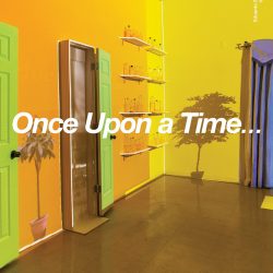 "Once Upon a Time..." is printed on the center of the poster, location and time information on the bottom left corner, the text is all white on a background of a roon with a palm tree, palm tree shadows, yellow walls, green doors, wall shelves with bottles, a brown floor and purple curtain on the left.