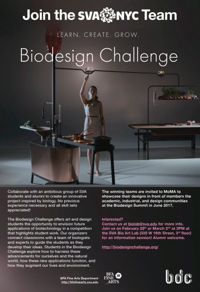 Poster with "Join the SVA NYC Team, learn create grow, Biodesign Challenge" in white text on the top half of the poster, description on the bottom half of the poster in white and pink text, a woman is depicted reaching for a lightbulb that's connected to metal structures leading to various tables and stations in the center of the poster