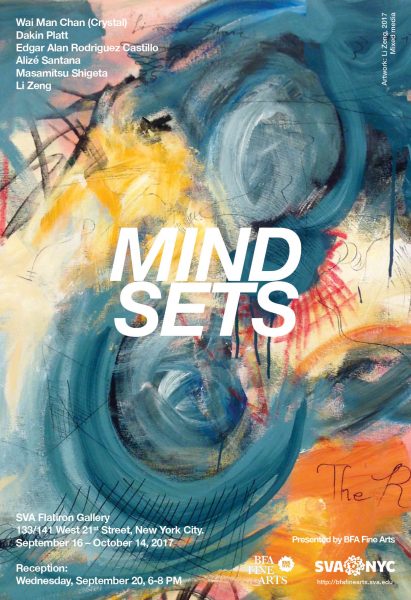 Exhibition poster with "Mind Sets" written in all caps and italicized, the list of participating artists is on the top left corner, there is location and time information on the bottom left of the poster, all text is white set on a background of a blue, orange, yellow, abstract painting with some red, white and black scribbles