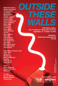 SVA BFA Exhibition poster for Outside These Walls held at SVA Flatiron Gallery September 15th through October 13th 2018. A sculpture by Dakin Platt. The sculpture is has a rod and base holding a thin twisted neon light. The color of the light is bright red. The background is a plain backdrop.