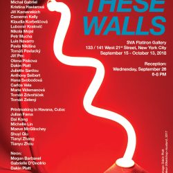 SVA BFA Exhibition poster for Outside These Walls held at SVA Flatiron Gallery September 15th through October 13th 2018. A sculpture by Dakin Platt. The sculpture is has a rod and base holding a thin twisted neon light. The color of the light is bright red. The background is a plain backdrop.