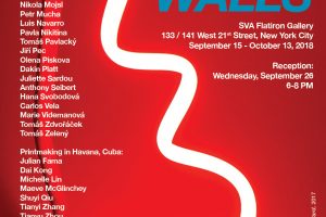 SVA BFA Exhibition poster for Outside These Walls held at SVA Flatiron Gallery September 15th through October 13th 2018. A sculpture by Dakin Platt. The sculpture is has a rod and base holding a thin twisted neon light. The color of the light is bright red. The background is a plain backdrop.