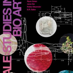 A poster advertising the opening reception of a bio art exhibition titled "Scale: Studies in Bio Art." The background is black with several circles showing images from the biolab. White outlines of figures showing anatomical measurements and proportions overlap the circular photos. Text is written in pink, purple, and white.