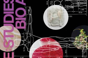 A poster advertising the opening reception of a bio art exhibition titled "Scale: Studies in Bio Art." The background is black with several circles showing images from the biolab. White outlines of figures showing anatomical measurements and proportions overlap the circular photos. Text is written in pink, purple, and white.