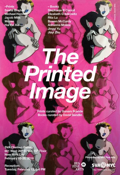 A poster advertising an exhibition titled "The Printed Image" curated by Gunars Prande and David Sandlin. The background of the poster is a print showing nine figures in a grid pattern in pink and grey. The text is in white.