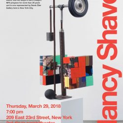 A poster announcing Nancy Shaver's lecture at SVA on March 29, 2018. The background of the poster is a photograph of one of Shaver's sculptures on a white pedestal. The text is written in red, white, and black font.