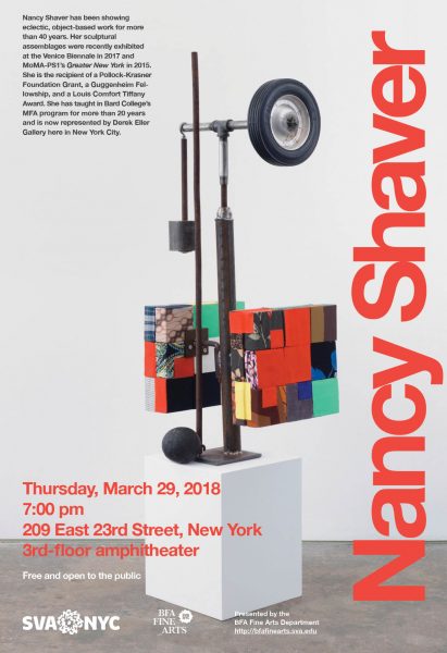 A poster announcing Nancy Shaver's lecture at SVA on March 29, 2018. The background of the poster is a photograph of one of Shaver's sculptures on a white pedestal. The text is written in red, white, and black font.