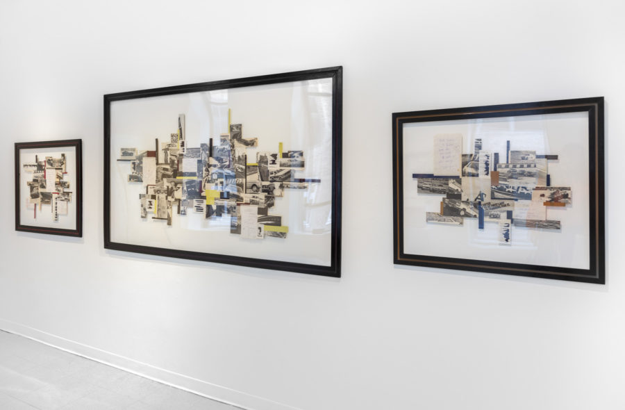 Artwork by Tilly Griffiths. BFA Fine Arts, 2019. Three mixed media artworks of multiple images of older muscle cars, engine blueprints, writing on paper.