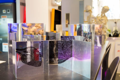 Installation shot of silkscreens of biological references on reflective metal cards