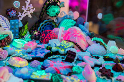 Detail shot of agar sculptures painted with fluorescent bacteria