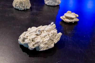 Ceramic sea sponges on a black table that have small silver figurines tucked inside