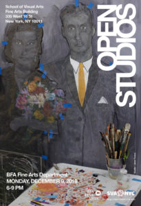 Fall open studios poster with white text. The background is a photograph of a student's studio showing a collage in progress of a couple holding flowers. There is a table with a palette and paint brushes on it in front of the collage.