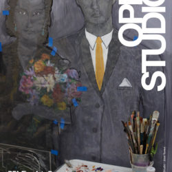 Fall open studios poster with white text. The background is a photograph of a student's studio showing a collage in progress of a couple holding flowers. There is a table with a palette and paint brushes on it in front of the collage.