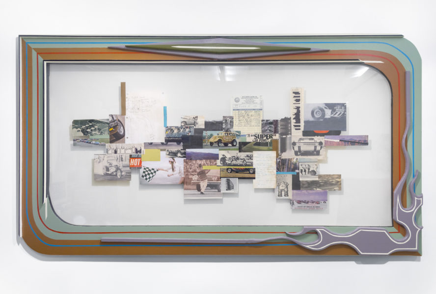 Artwork by Tilly Griffiths. BFA Fine Arts, 2019. Mixed media artwork of a collage of multiple muscle cars images, engines, and different colored paper on a stylized frame.