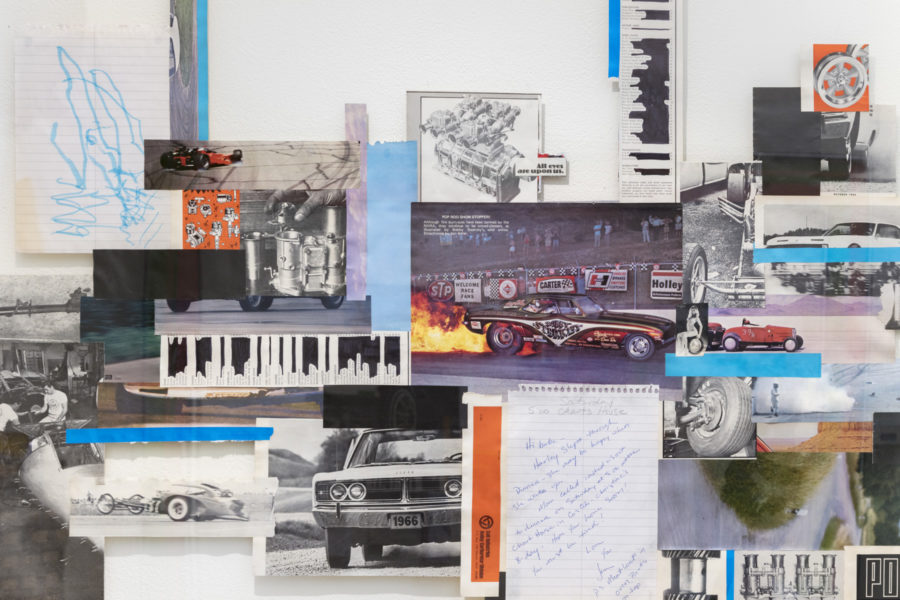 Artwork by Tilly Griffiths. BFA Fine Arts, 2019. Multiple images of older muscle cars, engine blueprints, writing on paper.