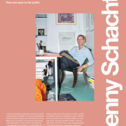 Poster for Kenny Schachter's lecture at SVA on November 7, 2019. The poster is salmon colored with white text. A photo of Schachter sitting at a desk is placed in the center of the poster.
