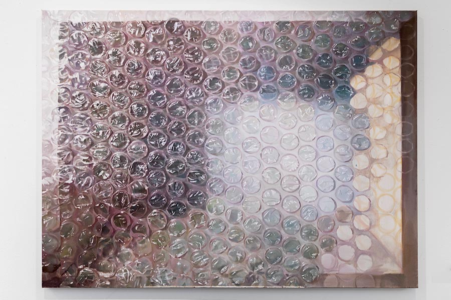 A painting of an image that is obscured with transparent bubble wrap