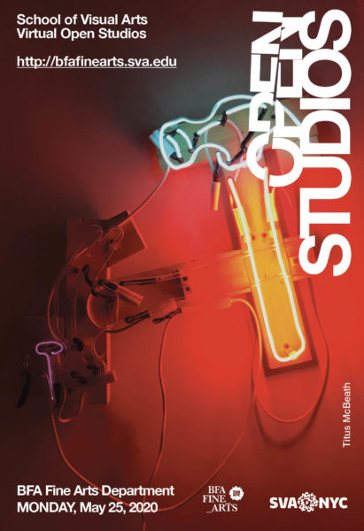 A poster advertising the BFA Fine Arts virtual Open Studios on Monday, May 25, 2020. The poster shows artwork by Titus McBeath. The artwork is a neon light sculpture depicting two hammers. Only one of the hammers is lit up.