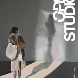 A poster advertising the BFA Fine Arts virtual Open Studios on Monday, May 25, 2020. The poster shows a painting by Xinyu Han. The painting depicts a woman standing in an empty room looking back at her shadow.