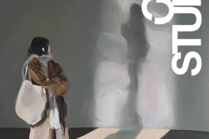 A poster advertising the BFA Fine Arts virtual Open Studios on Monday, May 25, 2020. The poster shows a painting by Xinyu Han. The painting depicts a woman standing in an empty room looking back at her shadow.